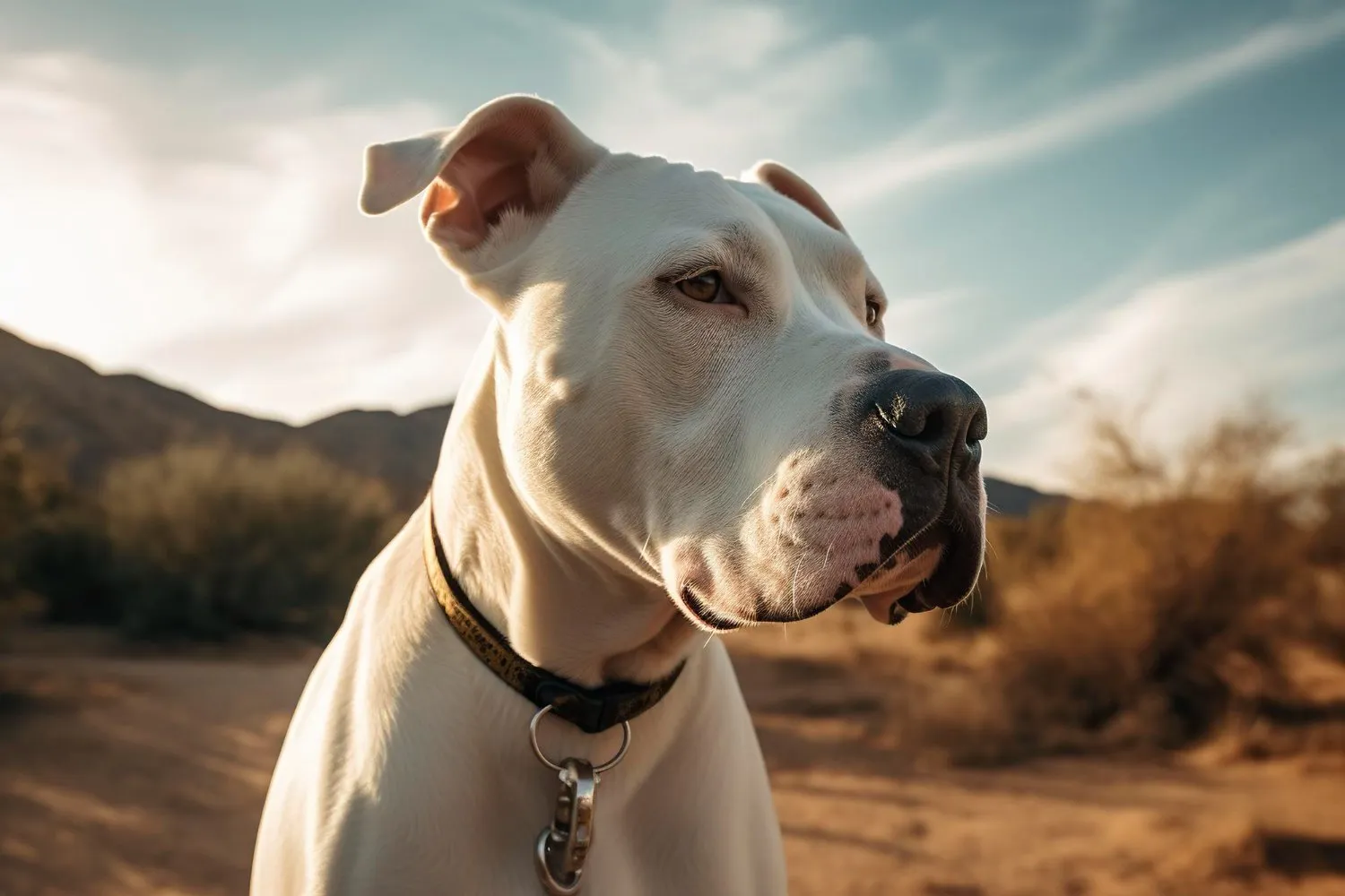 A white dog outdoors at sunset