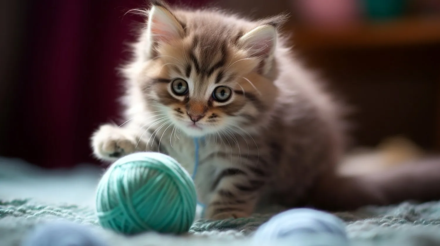 A kitten playing with a ball of yarn